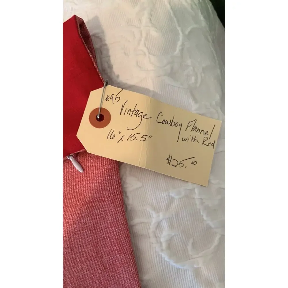 Handmade Vintage Cowboy Flannel Pillow Sham, Red Chambray Back (16